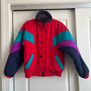 Vintage Obermeyer Ski Jacket Juniors 18 Red Teal Purple Colorblock Retro 80s 90s